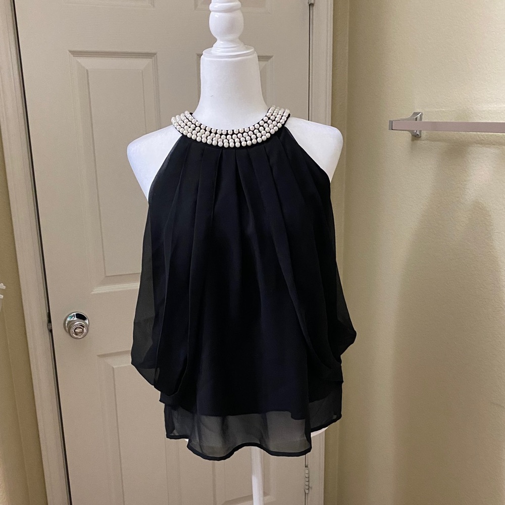 Black Sleeveless Blouse Pearls Neckline